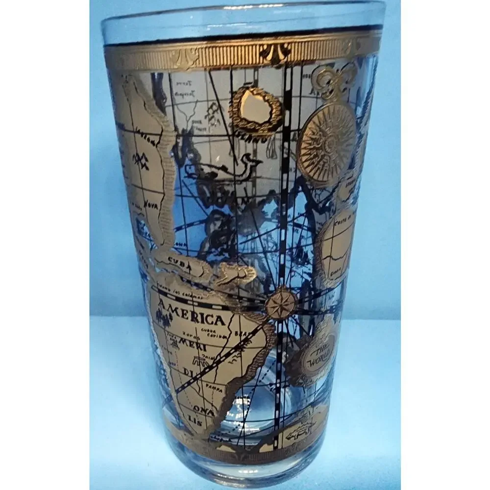 Vintage Cera Atlas Old World Map Highball Glasses 22K Gold Mid Century Modern
